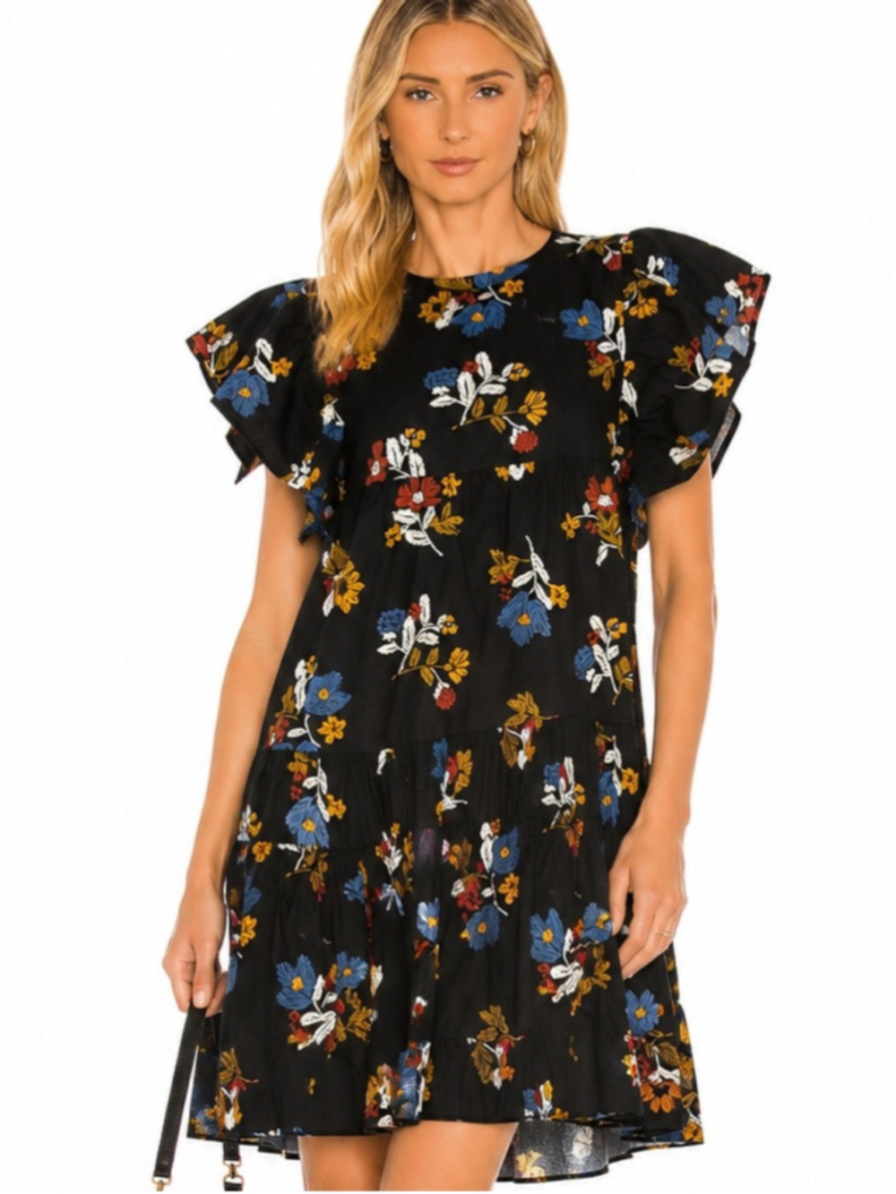 ZARA Floral Ruffle Sleeve Mini Dress | Size S Black Cotton Blend Babydoll Dress - Picture 1 of 10